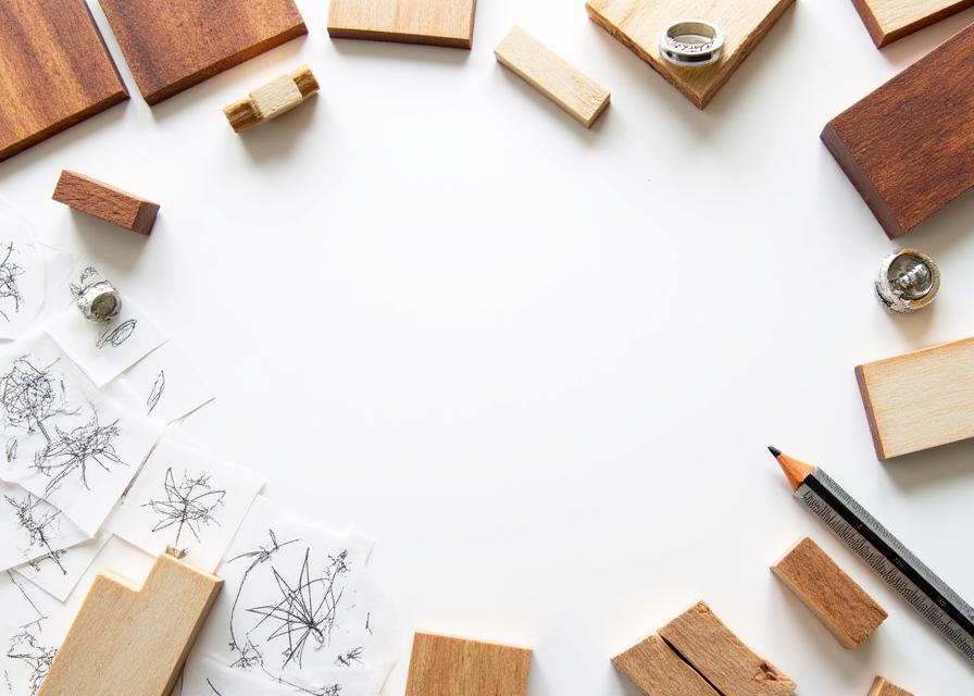 Custom wooden jewelry design process showing sketches and materials