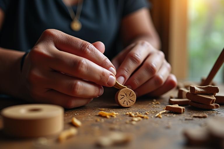 Maharlika Woodcrafts handmade wooden jewelry being crafted by Filipino artisan