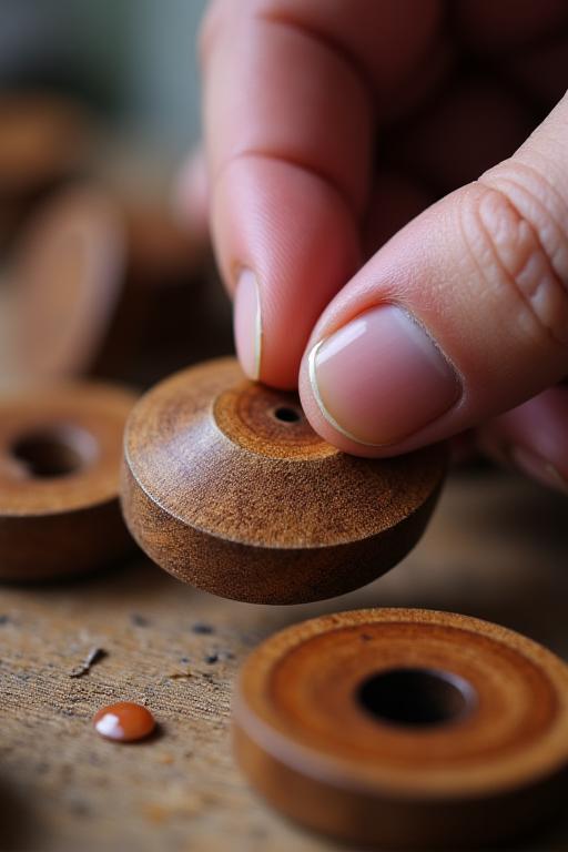 Wood finishing and polishing process showing smooth wooden jewelry